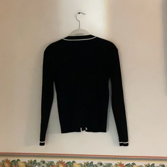 Tenney Rose Ribbed Knit Cardigan, Size S, Black/White Trim - Picture 2 of 7